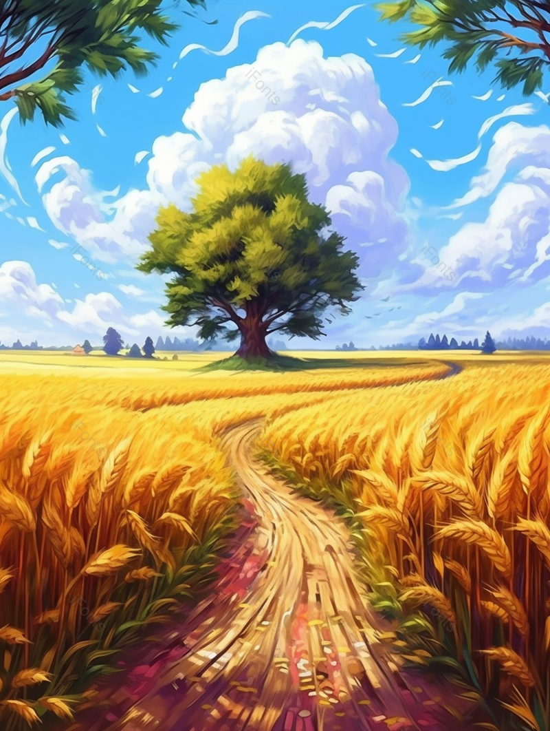 蓝天白云下的高大树木和旁边成熟的麦田背景,插画/手绘图,插画/手绘图库,插画/手绘图下载,插画/手绘